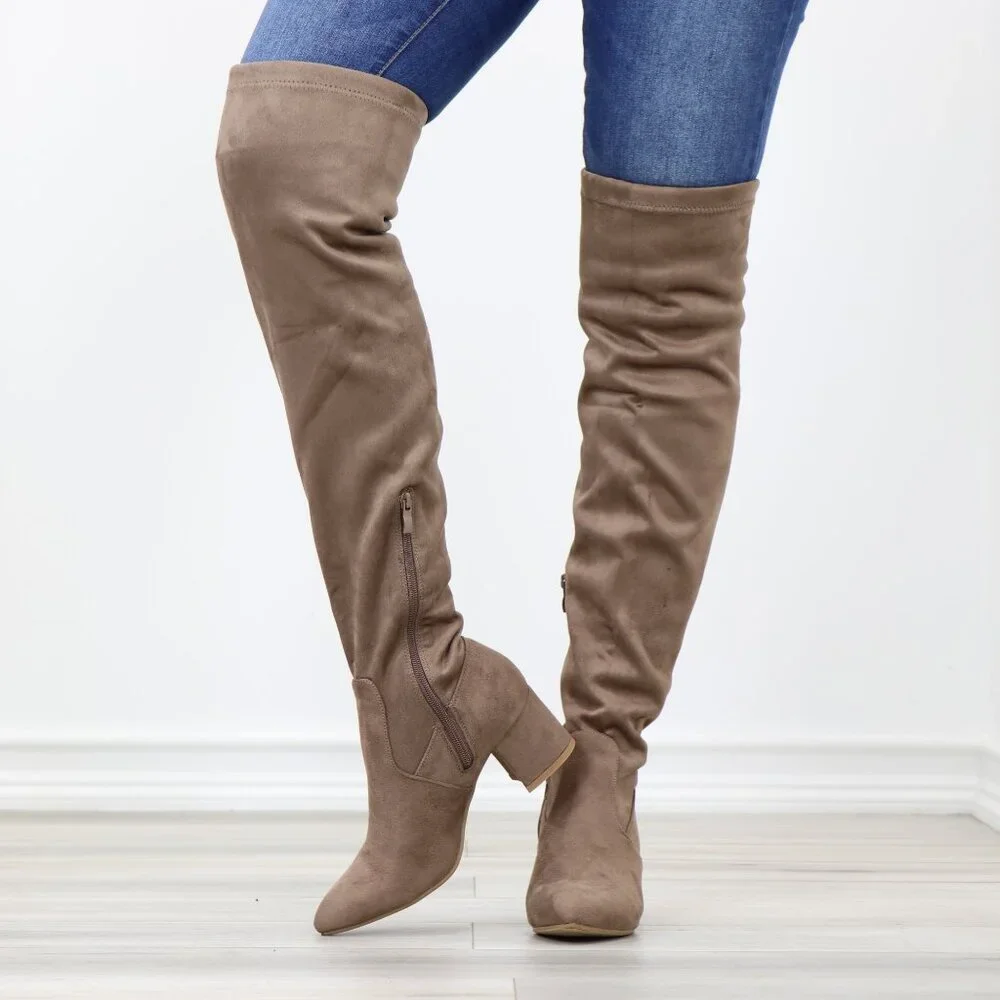 Taupe Over-the-Knee Boots Faux Suede Low Block Heel Tie Back